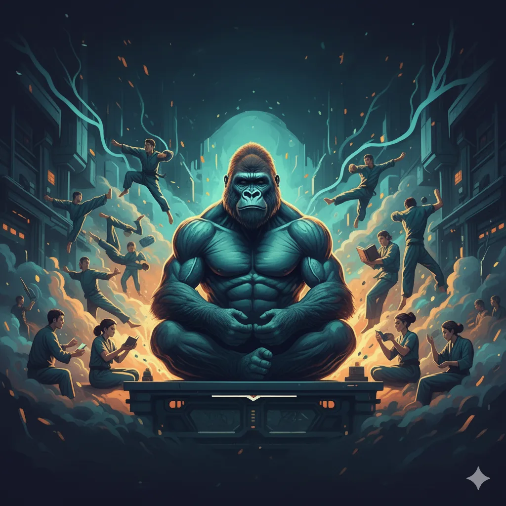 Ilustrasi gorila bermeditasi dikelilingi orang yang berlatih, membaca, dan berdiskusi
