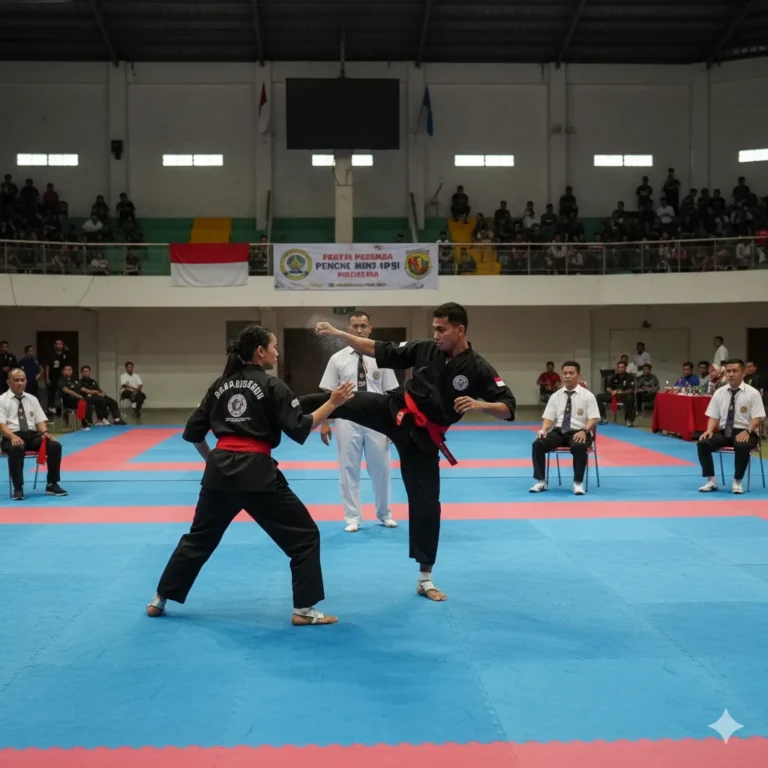 Dua pesilat bertanding di gelanggang disaksikan juri dan penonton