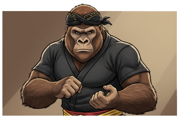 Ilustrasi gorila berikat kepala dalam sikap pasang silat