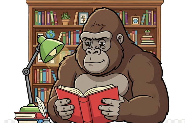 Ilustrasi gorila membaca buku di depan rak perpustakaan