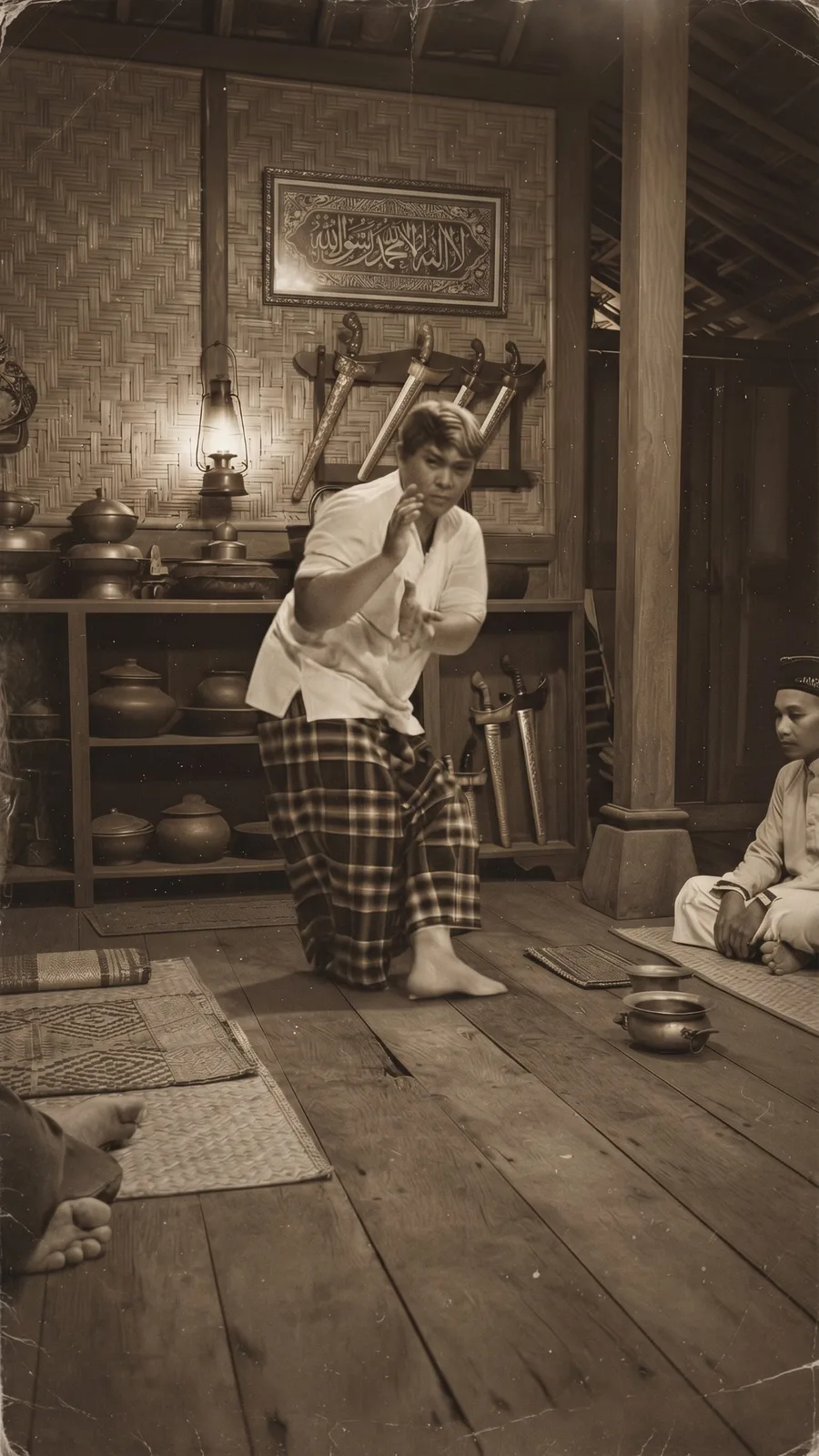 Pesilat memperagakan jurus di rumah kayu tradisional, disaksikan murid yang duduk bersila